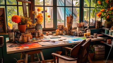 Fototapeta na wymiar Artist's Rainbow: A Colorful Studio Office