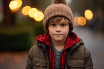 Portrait of a cute little boy in a warm hat and coat on the background of Christmas lights