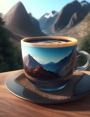 Crea una imagen abstracta de un tapiz de un paisaje emergiendo de una taza de café con el nombre "Alicia"3D Ultradetallado. Hiperrealistav