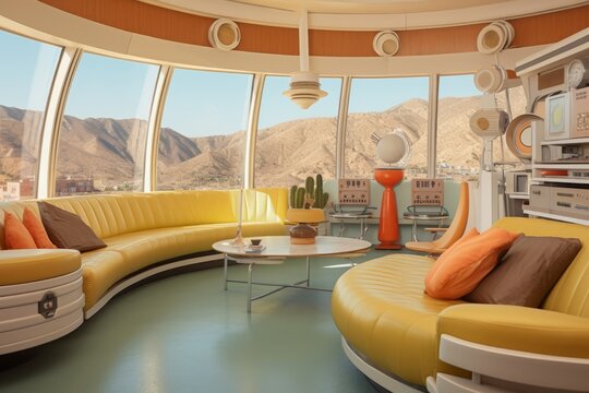 Interior of a cruise ship with yellow sofas. 3d render