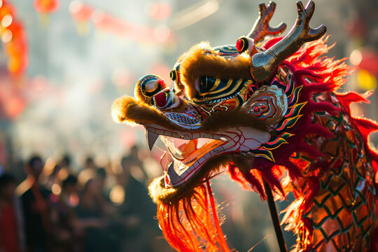 Dragon dance celebration, a dynamic image of a traditional dragon dance performance during Chinese New Year festivities, with a lively crowd in the background, offering ample copy space.