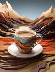 Crea una imagen abstracta de un tapiz de un paisaje emergiendo de una taza de café con el nombre "Alicia"3D Ultradetallado. Hiperrealistav