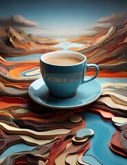 Crea una imagen abstracta de un tapiz de un paisaje emergiendo de una taza de café con el nombre "Alicia"3D Ultradetallado. Hiperrealistav