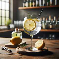 Gin and tonic garnished with a lemon