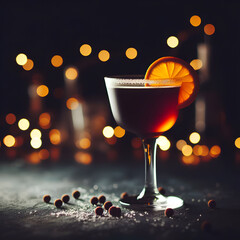 Elegant dark-colored cocktail with orange peel garnish