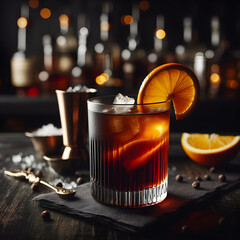 Elegant dark-colored cocktail with orange peel garnish - 697860393