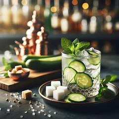 Alcoholic drink with cucumber slices - obrazy, fototapety, plakaty