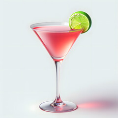 Elegant cosmopolitan cocktail in a martini glass with a lime wheel garnish, isolated on a white background.