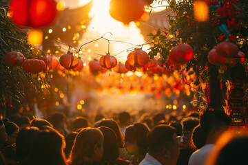Temple fair festivities, a bustling scene of a Chinese New Year temple fair with traditional performances, stalls, and joyful crowds, providing a dynamic and cultural backdrop with copy space. - obrazy, fototapety, plakaty