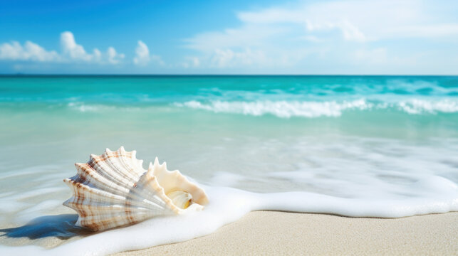 Sea shell on white sand, pristine tropical beach in the afternoon
