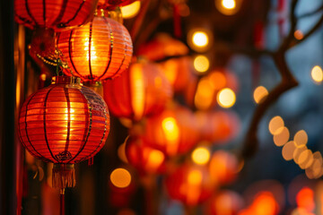 Traditional Chinese lanterns, a vibrant scene of red and gold lanterns adorning the streets during...