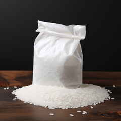 Fototapeta na wymiar Pacote de arroz em branco em cima de grãos de arroz - mockup