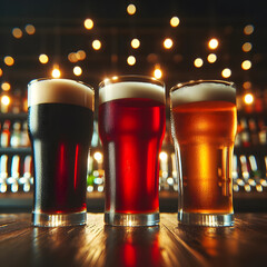 3 drinks, dark, red and light beer served in a dark bar
