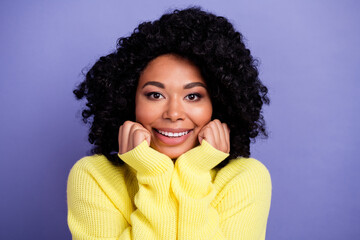 Photo portrait of pretty young girl touch cheeks admire cute admiring wear trendy yellow outfit...