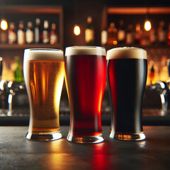3 drinks, dark, red and light beer served in a dark bar - obrazy, fototapety, plakaty