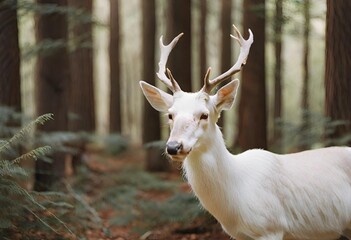 White Deer in the Forest, Albino Deer, Generative AI