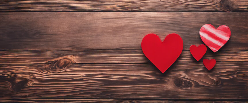 A flat-lay photograph of red wooden hearts on a wooden table texture serves as the background for a Valentine’s Day, Valentine Love, Wedding, or Birthday greeting card.