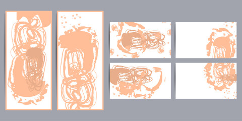 Elegant color Peach Fuzz pastel muted pale calm tones card templates set. Collection of romantic invitations abstraction backgrounds line color