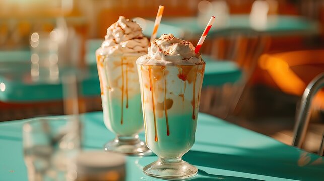50s root beer float with whip cream and straws, in the style of light teal and orange 