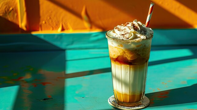 50s root beer float, in the style of light teal and orange, color gradient, striped arrangements, ilford pan f, provia, rusticcore, light amber and yellow ,cheerful colors, light sunshine, daylight, 