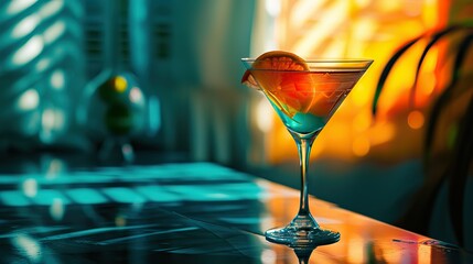 daiquiri on a bar table, in the style of light teal and orange, color gradient,  