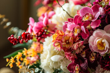 Auspicious floral arrangements, close-up of intricate flower arrangements with symbolic blooms like peonies and orchids, showcasing the beauty and cultural significance of floral decorations.