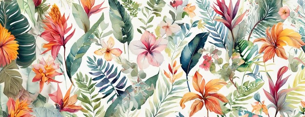 Vibrant Watercolor Tropical Flowers and Foliage - Artistic Botanical Illustration Panorama for Fresh and Lively Decor - obrazy, fototapety, plakaty