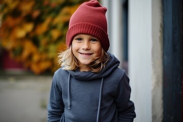 Outdoor portrait of adorable little girl wearing warm hat and hoodie