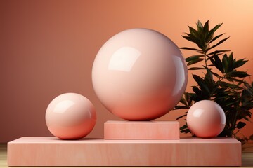 A serene composition featuring pink spherical objects and a delicate fir branch on a peach-colored stand, evoking a sense of calm and minimalism.