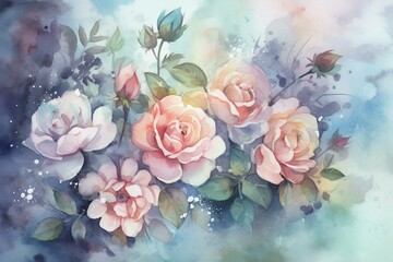 Watercolor painting of roses on a pastel background with delicate pink and blue flowers. Generative AI - obrazy, fototapety, plakaty