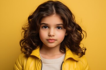 portrait of cute little girl in yellow hoodie, isolated on yellow