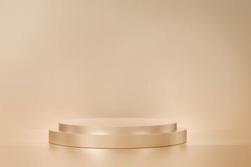 Gold podium color 3D background with geometric shapes circle, pedestal on two floors Curved wall the platform for product presentation minimal style, copy space, abstract podium, 3d rendering.
