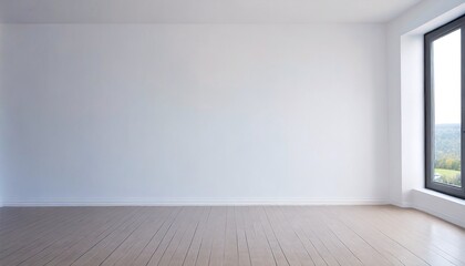 Empty modern / contemporary room with plain white wall and wooden floor, 16:9 widescreen wallpaper / background 