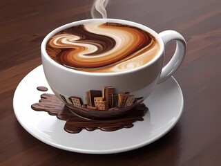 Crea una imagen abstracta de un tapiz de un paisaje emergiendo de una taza de café con el nombre "Alicia"3D Ultradetallado. Hiperrealistav