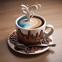 Crea una imagen abstracta de un tapiz de un paisaje emergiendo de una taza de café con el nombre "Alicia"3D Ultradetallado. Hiperrealistav