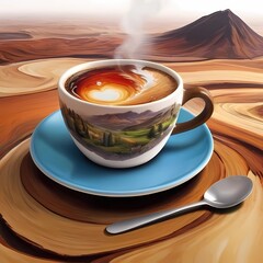 Crea una imagen abstracta de un tapiz de un paisaje emergiendo de una taza de café con el nombre "Alicia"3D Ultradetallado. Hiperrealistav