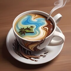 Crea una imagen abstracta de un tapiz de un paisaje emergiendo de una taza de café con el nombre "Alicia"3D Ultradetallado. Hiperrealistav