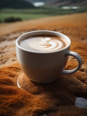 Crea una imagen abstracta de un tapiz de un paisaje emergiendo de una taza de café con el nombre "Alicia"3D Ultradetallado. Hiperrealistav