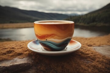 Crea una imagen abstracta de un tapiz de un paisaje emergiendo de una taza de café con el nombre "Alicia"3D Ultradetallado. Hiperrealistav
