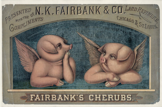 Fairbank's cherubs; Presented by NK Fairbank & Co, lard refiners, Chicago & St. Louis; 1890 circa; Print shows two angelic piglets done in the style of the cherubs in Sistine Madonna by Raphael