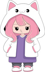 girl with an arrogant face, cool appearance wearing a jacket costume, cat shaped hoodie