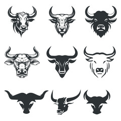 set of buffalo face vector logo elements, bull, cow, animal, cartoon, vector, illustration, head, farm, buffalo, horn, cattle, mammal, symbol, art, nature, fun, angry, ox, silhouette, wild, drawing - obrazy, fototapety, plakaty