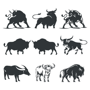 set of buffalo vector icon elements, silhouette, animal, vector, animals, cow, horse, farm, illustration, goat, deer, wild, dog, elephant, collection, cat, giraffe, pig, lion, sheep, nature, bull