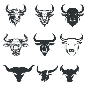 set of buffalo face vector logo elements, bull, cow, animal, cartoon, vector, illustration, head, farm, buffalo, horn, cattle, mammal, symbol, art, nature, fun, angry, ox, silhouette, wild, drawing