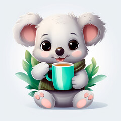 Koala con una taza de chocolate caliente y gorrito de navidad generado por ia