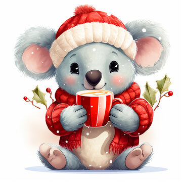 Koala con una taza de chocolate caliente y gorrito de navidad generado por ia