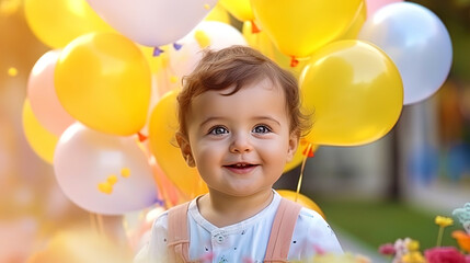 Obraz premium Portrait of a baby with bright balloons during a festive event