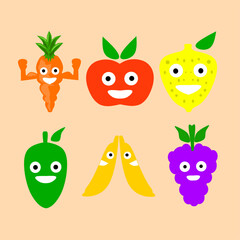 Funny cartoon fruit. Grapes, oranges, bananas in one set. Flat design vector illustration isolated on pink