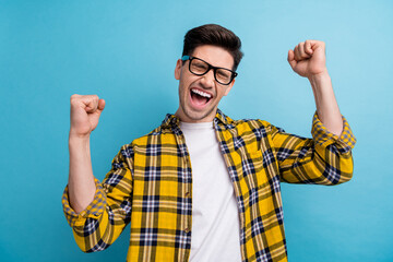Photo of eccentric overjoyed man with bristle dressed plaid yellow shirt scream yeah win lottery...