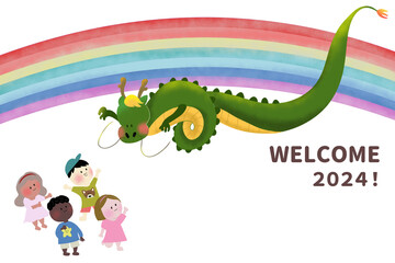 4人の世界の子供たちと龍を手書きで書いた年賀状素材